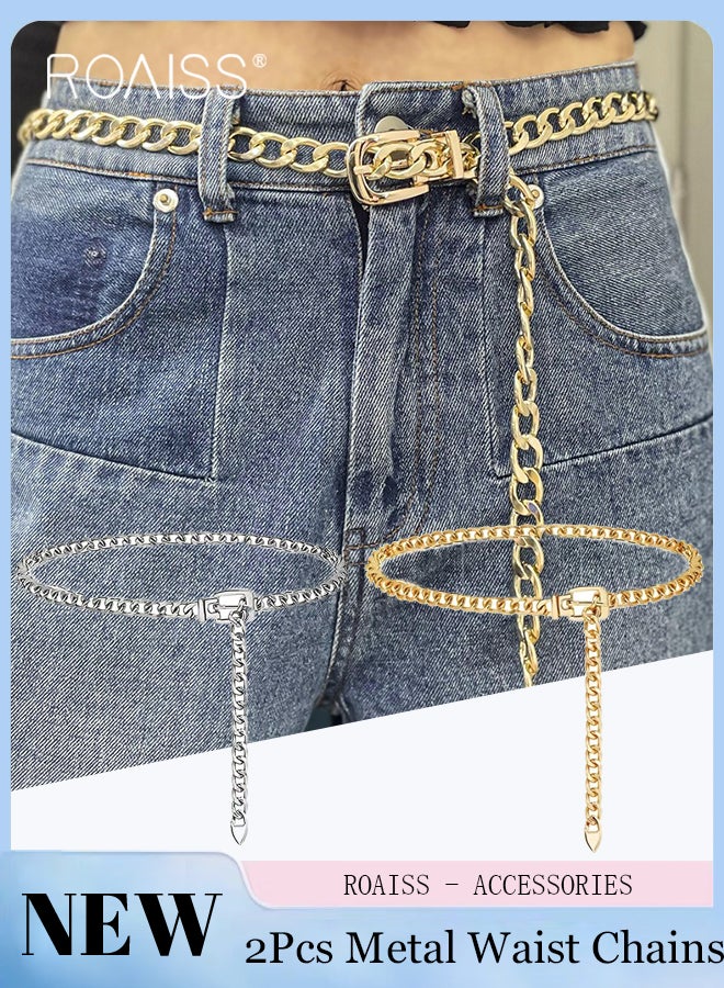 roaiss 2 Pcs Stylish Metal Waist Chains, Punk Rock Style Chunky Chain Belts, Buckle Type Adjustable Belt for Jeans and Dresses, A Waist Decoration for Women - Image 1
